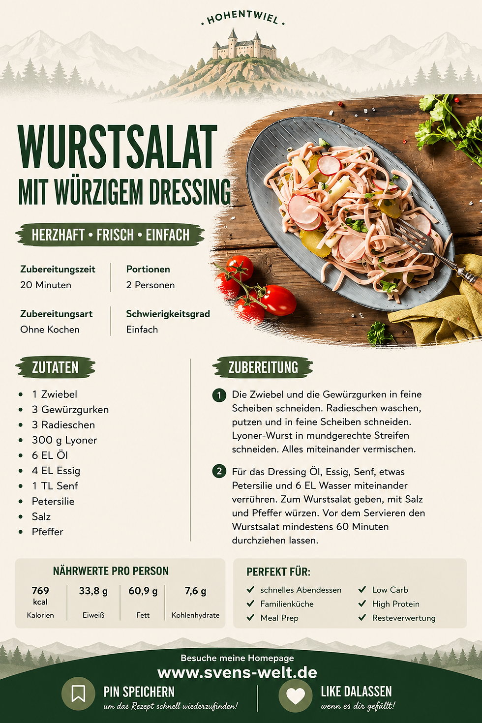 Wurstsalat mit würzigem Dressing – Einfaches Low-Carb-Rezept für die ganze Familie