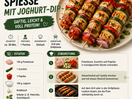 Selbstgemachte Putenbrust-Spieße mit Joghurt-Dip auf einem Teller. Goldbraun gegrillte Putenstücke werden zusammen mit Zucchini, Paprika, roten Zwiebeln und Cherrytomaten auf Holzspießen serviert. Dazu gibt es einen cremigen Kräuter-Joghurt-Dip. Das Rezept wird im Svens-Welt-Design mit Zutaten, Zubereitung, Nährwerten und praktischen Tipps präsentiert.