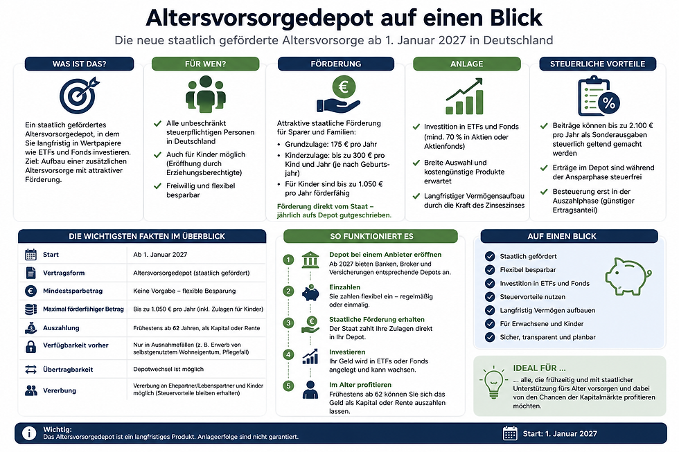 Infografik zum Altersvorsorgedepot (AVD) ab 2027 mit Übersicht zu Förderung, ETFs, Vorteilen, Nachteilen und staatlicher Altersvorsorge in Deutschland.
