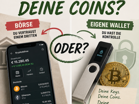 Kryptowährungen einfach erklärt: Bitcoin-Münze, Hardware-Wallet und Schloss als Symbole für Blockchain, Krypto-Wallets und sichere Verwahrung
