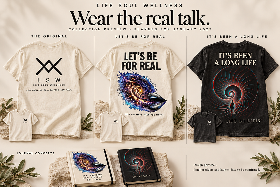 Life Soul Wellness concept preview of three signature T-shirts and two journals, 3:2 merch preview.