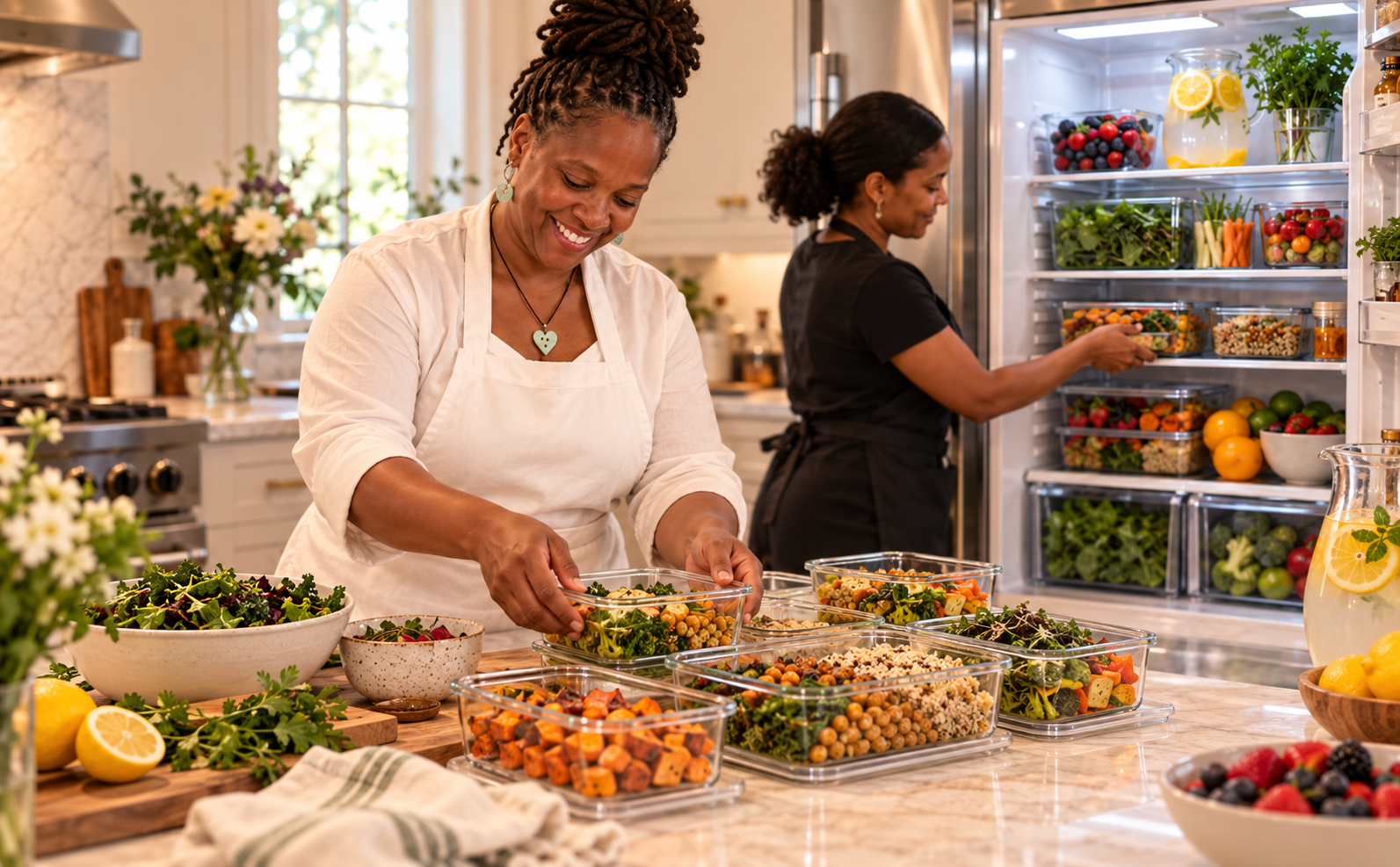 Chef Harmony prepares plant-based meals while a care team member stocks a family’s refrigerator.