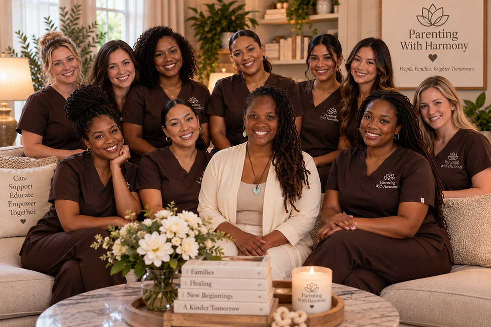 Ms. Harmony seated with the diverse Parenting With Harmony Care Team in a warm, welcoming living room.