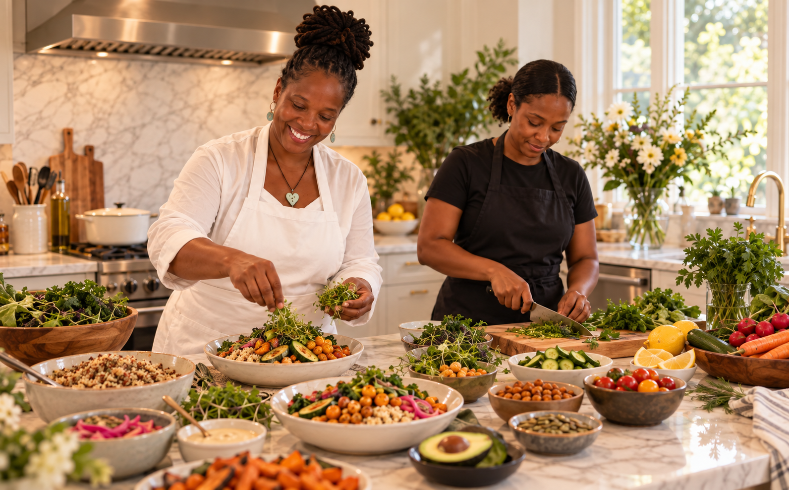 Chef Harmony and a care team member prepare colorful vegan meals in a home kitchen.