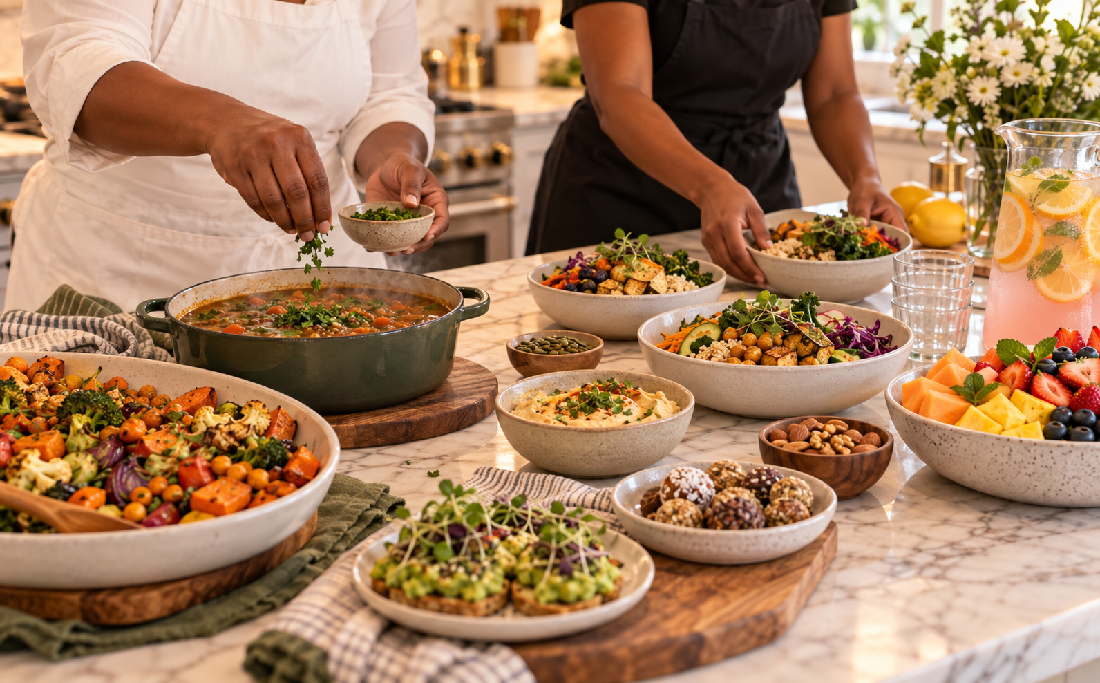 Chef Harmony and a care team member finish a spread of vegan meals and snacks.