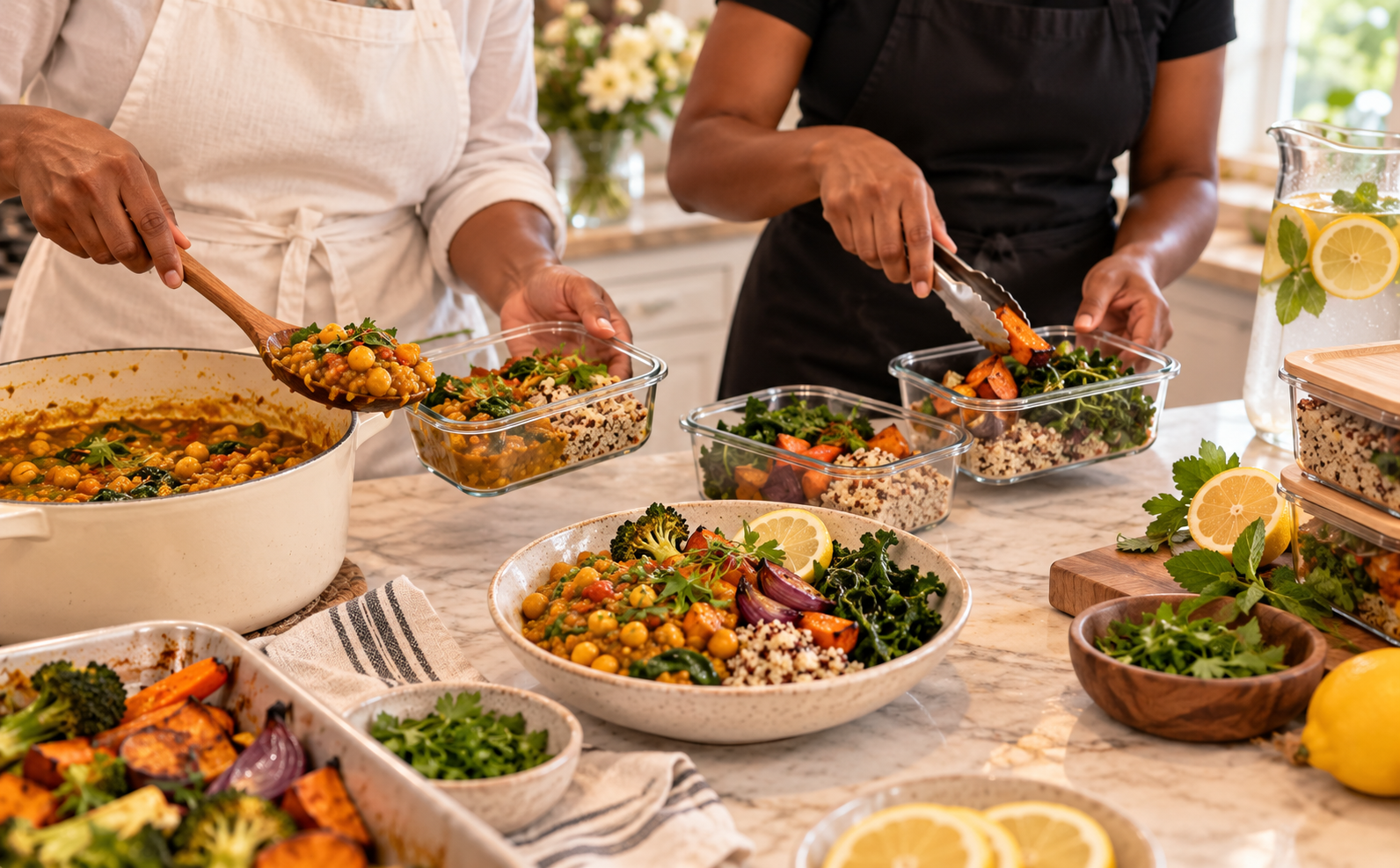 Chef Harmony and a care team member portion plant-based meals for postpartum care.