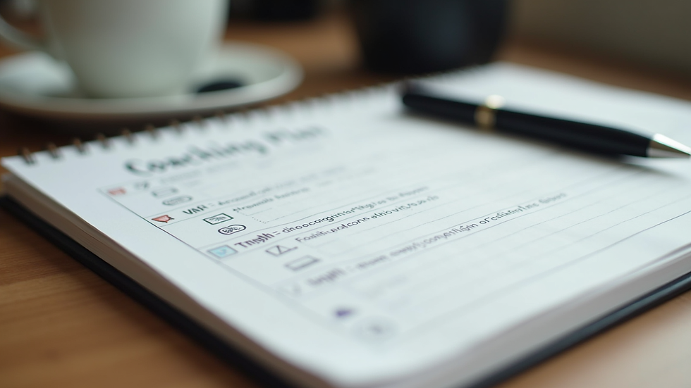 Close-up view of a notebook with a coaching plan and a pen on a wooden desk