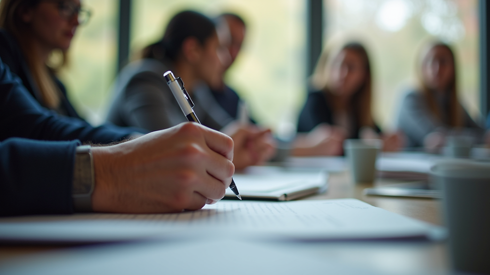 Eye-level view of a person writing notes during a leadership workshop