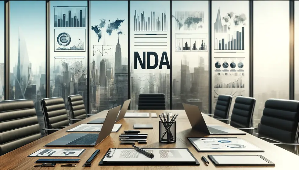 Business setting in an office without people, with a table containing documents, laptops, and pens. In the background, a cityscape view is visible through large windows, and charts and graphs are on the walls. Only the text 'NDA' is present.