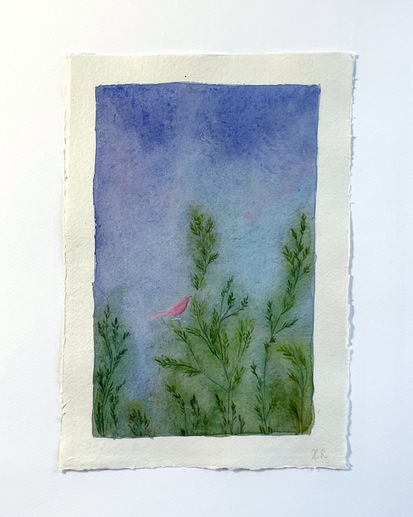 petite peinture de paysage à l'aquarelle avec arbustes, oiseau rose et ciel bleu nuit, inspiré des fresques antiques