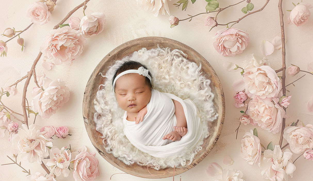 Newborn baby girl swaddled in white wrap, sleeping in wooden bowl surrounded by soft pink flowers, photographed by Calgary newborn photographer Tamara J. Photography
