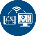 Simple blue icon of a tablet showing a map connecting to a desktop