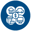 Simple blue icon of dollar sign in the center of house, car, building, and computer icons