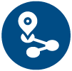 Simple blue icon of a wayfinder on a path