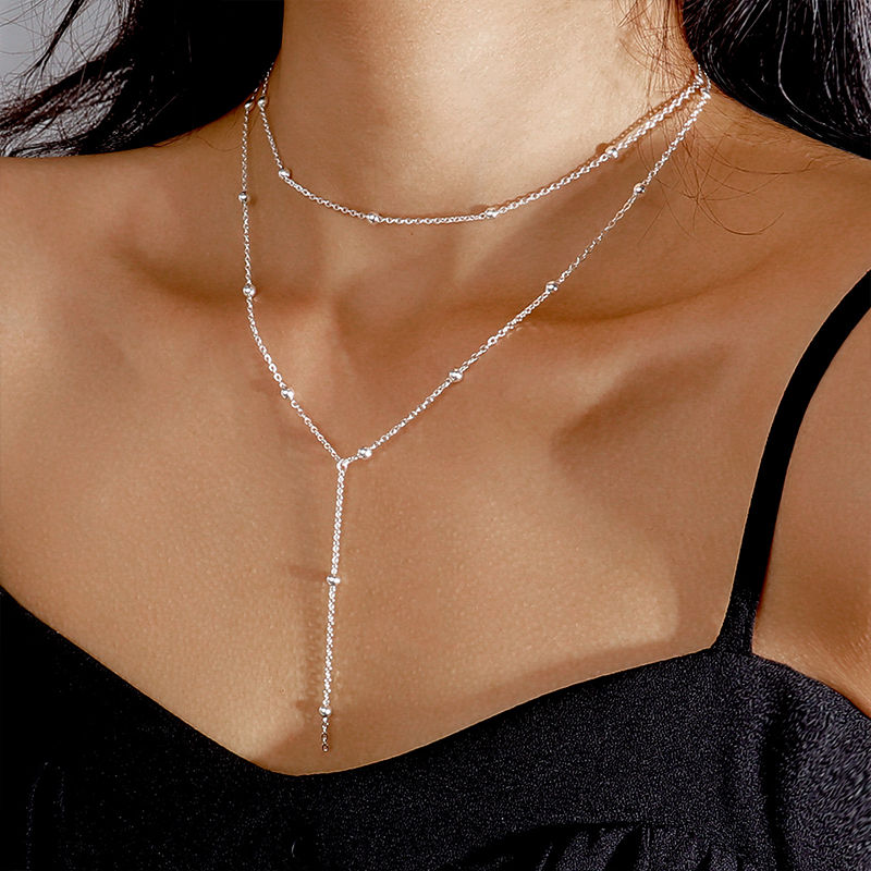 Thumbnail: New Trendy 925 Sterling Silver Double Layer Bead Necklace Long Pendant Tassel Ne