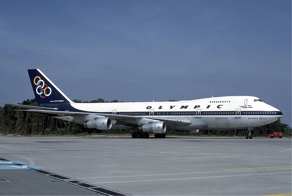 Olympic Airways Boeing 747-284B (SX-OAB) displaying the airline’s iconic six-ring logo at EuroAirport in 1986.