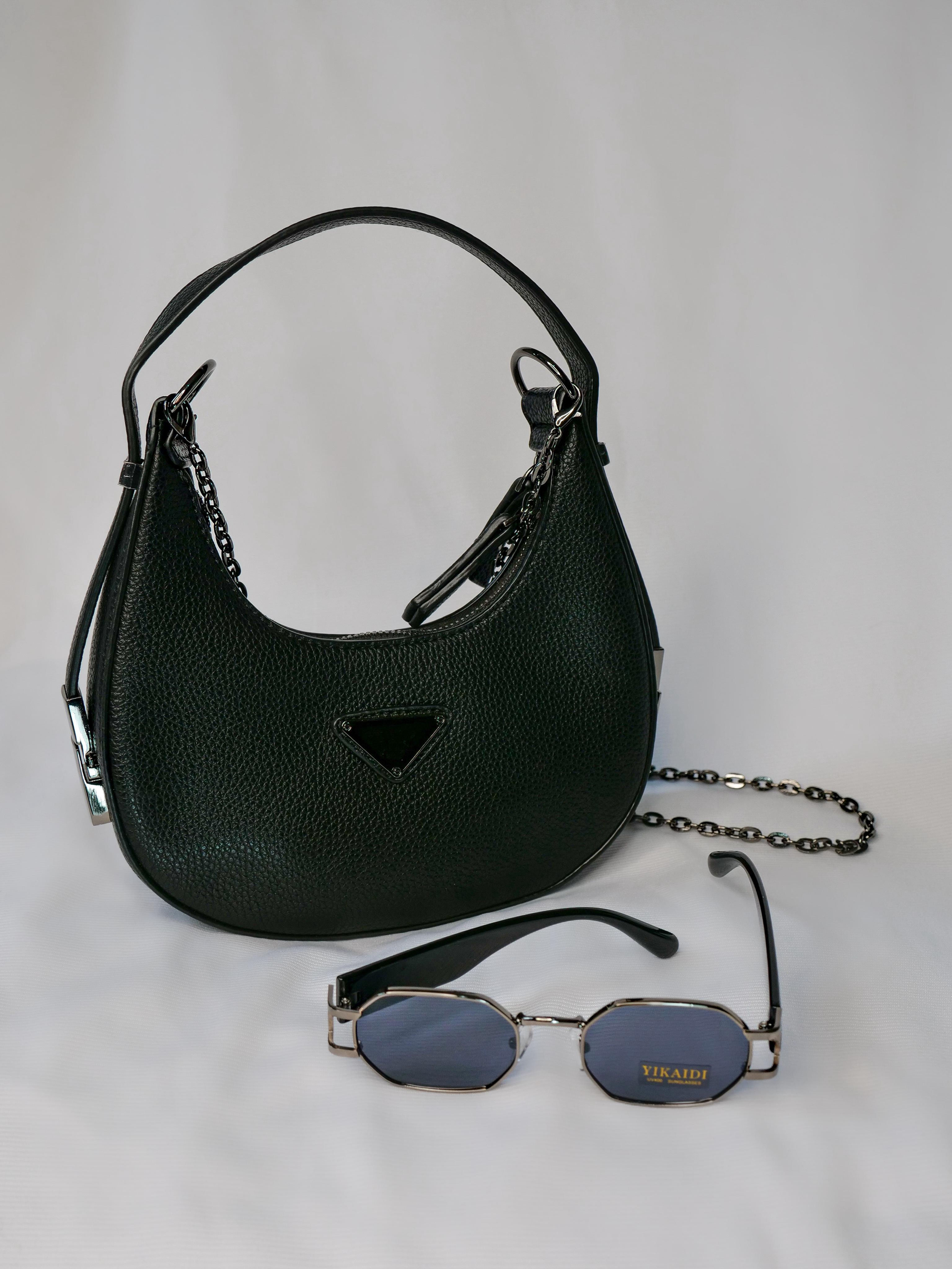 Bolsa Preta Clutch Ombro e Mão + Óculos de Sol Prata