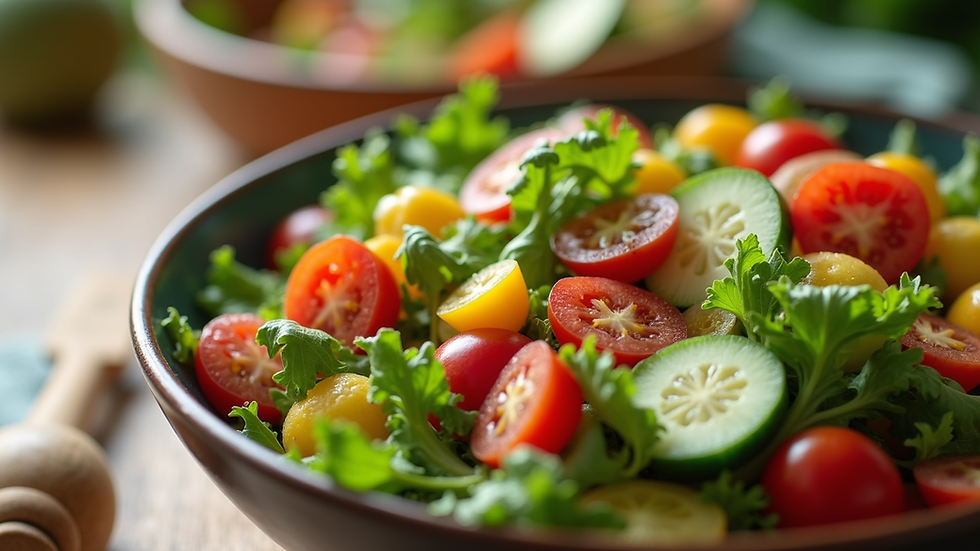 Close-up view of a colorful salad bowl filled with fresh vegetables