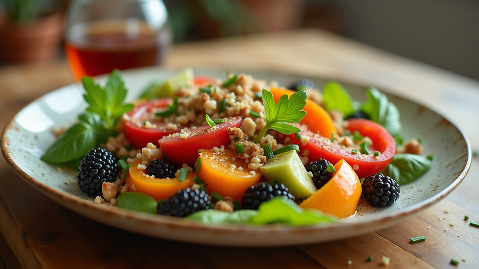 Close-up view of a colorful plate filled with healthy foods