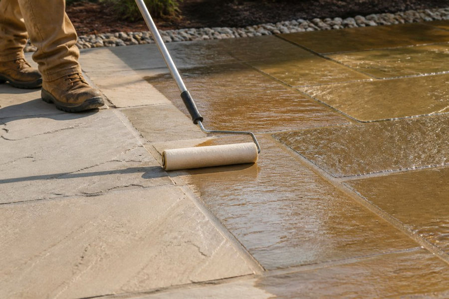 Close-up of a person applying clear sealant to clean, dry natural stone patio slabs using a foam roller, with the sealed section showing a subtle sheen against the unsealed dry stone beside it, photographed in warm afternoon light