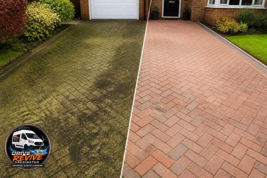 Residential driveway with visible dark algae stains and dirt buildup on block paving before cleaning, transitioning to the same driveway restored with vibrant colour and clean surface after professional pressure washing treatment