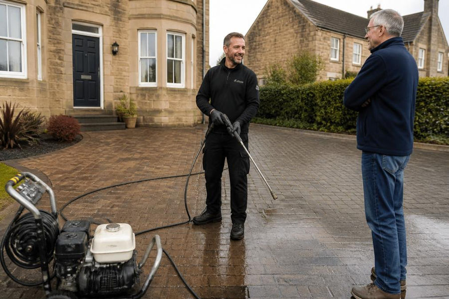 A clean block-paved driveway in front of a typical Scottish home, pressure washer in the foreground with a professional operator in workwear