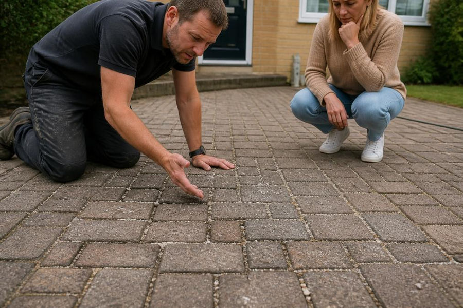 Close-up of block paving with white streaks, missing grout, and damaged joints where high-pressure water has blasted out sand and mortar