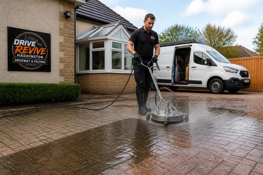 Professional pressure washing technician operating equipment on residential block paving driveway, with visible water spray and cleaned surface emerging behind the equipment, bright daylight conditions
