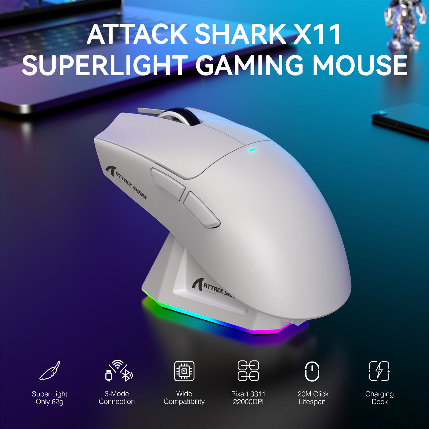 ATTACK SHARK X11 Wireless Gaming Mouse | Ultra-Lightweight & RGB Dock