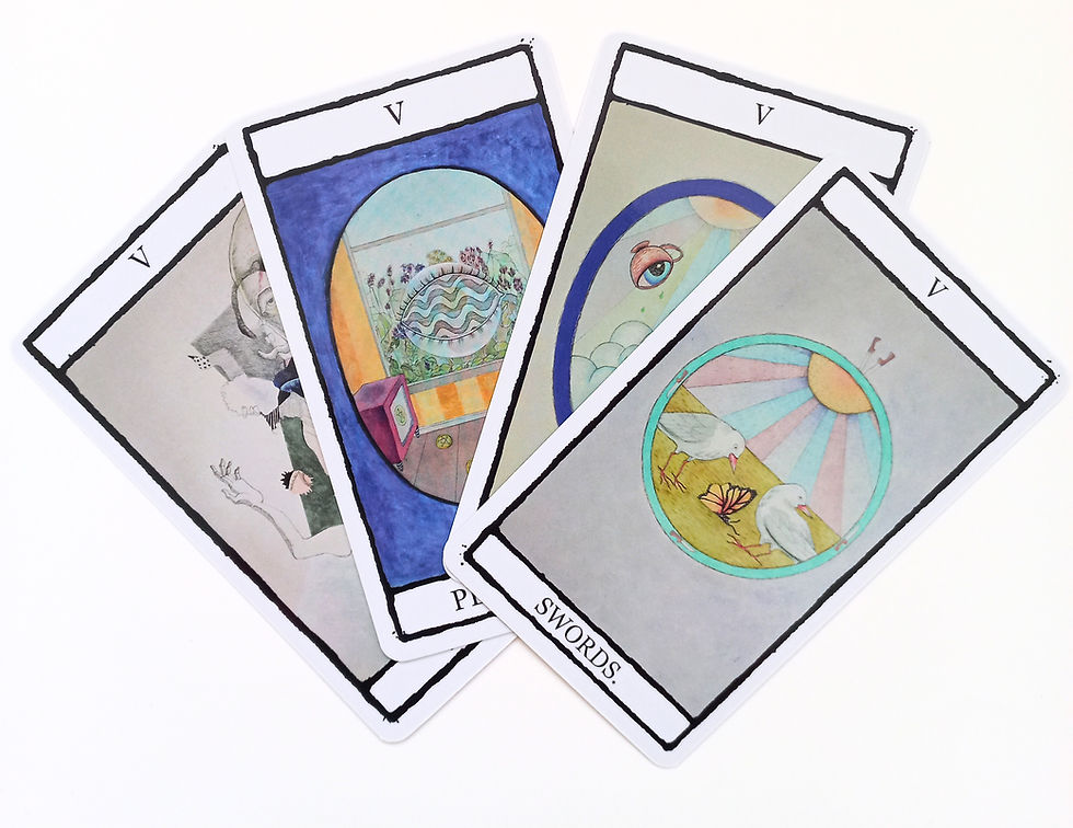 The Minor Arcana Fives. From The Falling Card Tarot. https://www.jennimclaughlinart.com/product-page/tarot-card-deck-original-illustrated-tarot-cards-the-falling-card-tarot