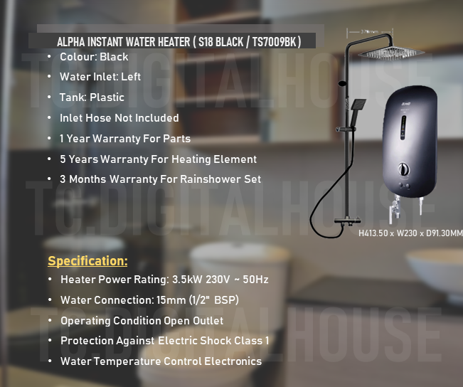 Thumbnail: Alpha S18 Black/White Instant Water Heater & Classicla TS7009BK Rainshower