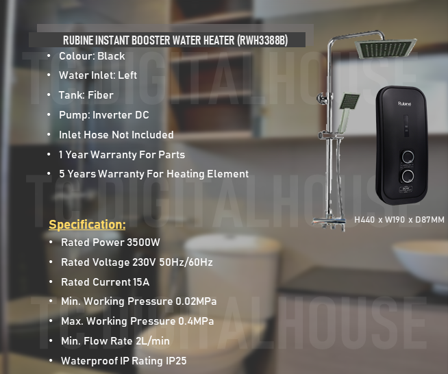 Thumbnail: Rubine RWH3388B BOW Instant Booster Water Heater & Classicla TS7009 Rainshower