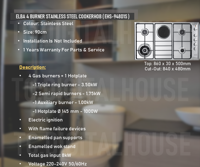 Thumbnail: Elba 4 Burner EHS-948D1S Cookerhob