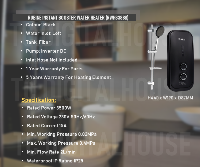Thumbnail: Rubine RWH3388B BOW Instant Booster Water Heater