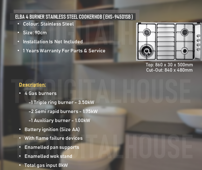 Thumbnail: Elba 4 Burner EHS-945D1SB Cookerhob