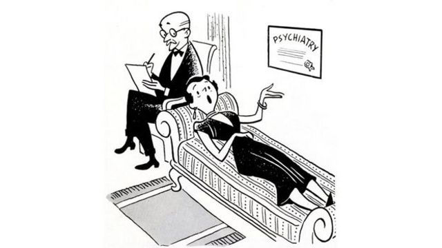 Cartoon: A person on a couch speaks animatedly to a psychiatrist taking notes. The setting includes a "Psychiatry" sign on the wall.