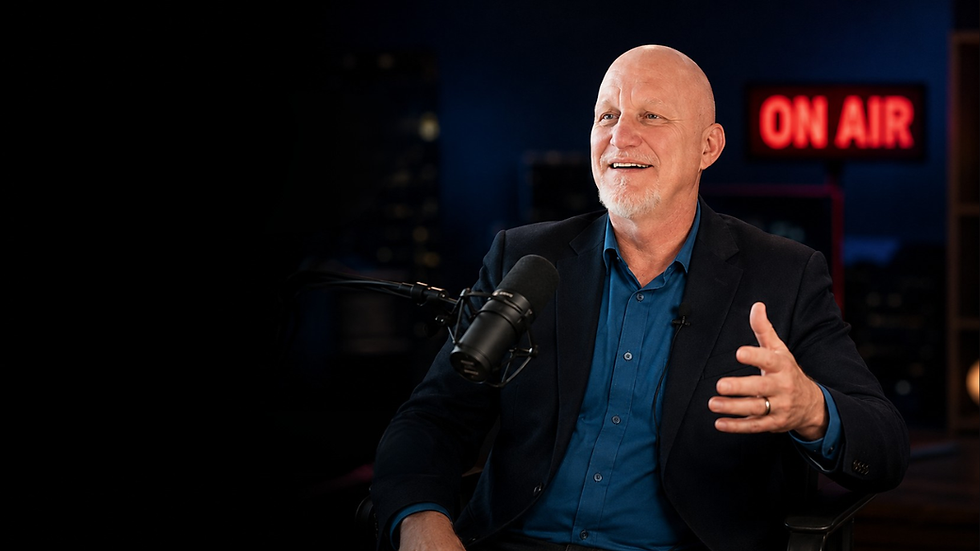 Leadership communication expert at a microphone with On Air sign