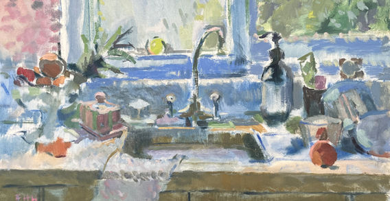 An impressionistic painting of a kitchen sink in the light of the window