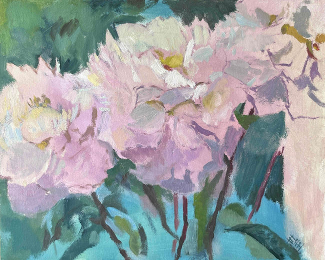 Beautiful oil painting of pale pink peonies