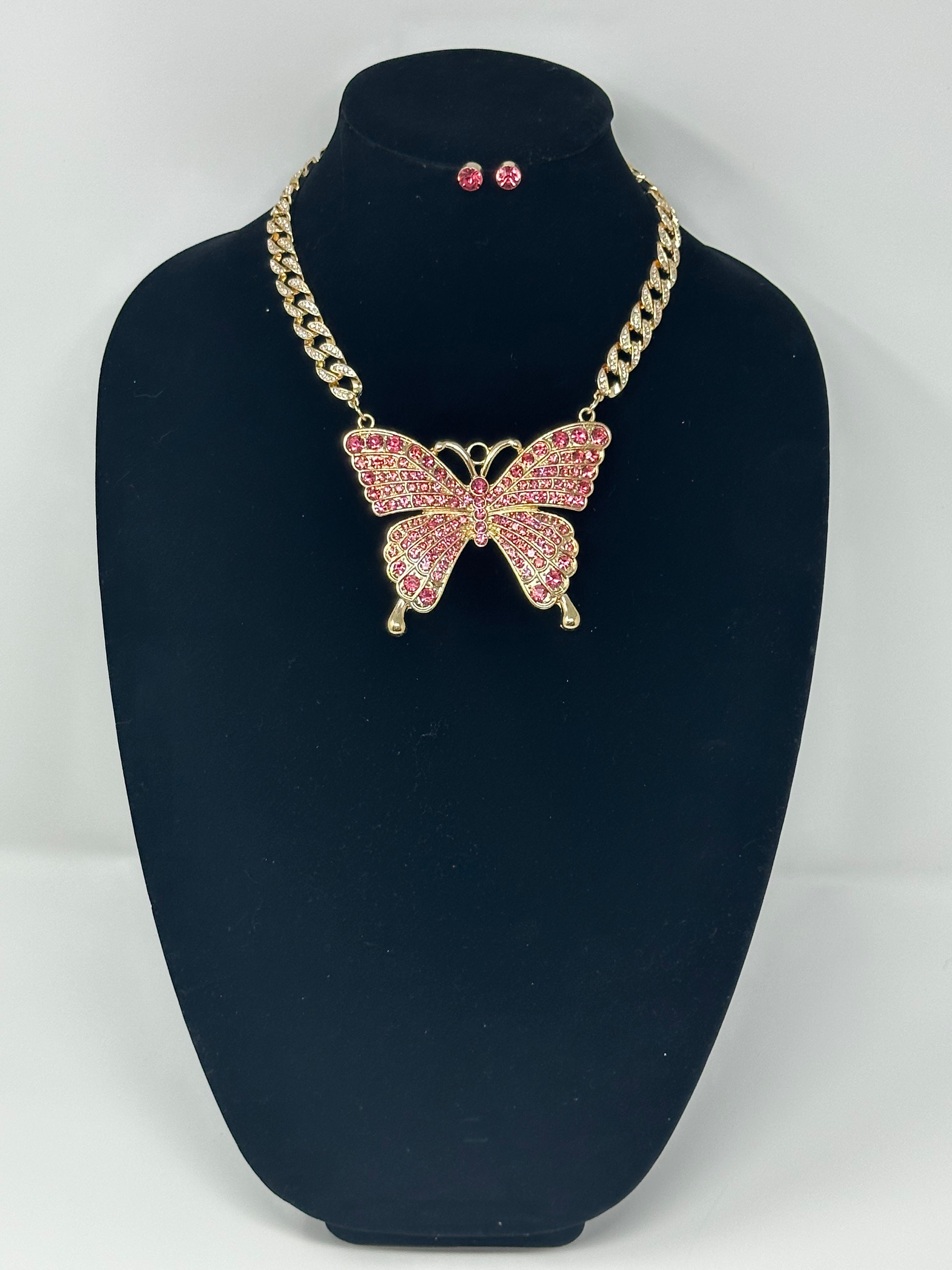 Pink Stone Butterfly Statement Necklace Set 