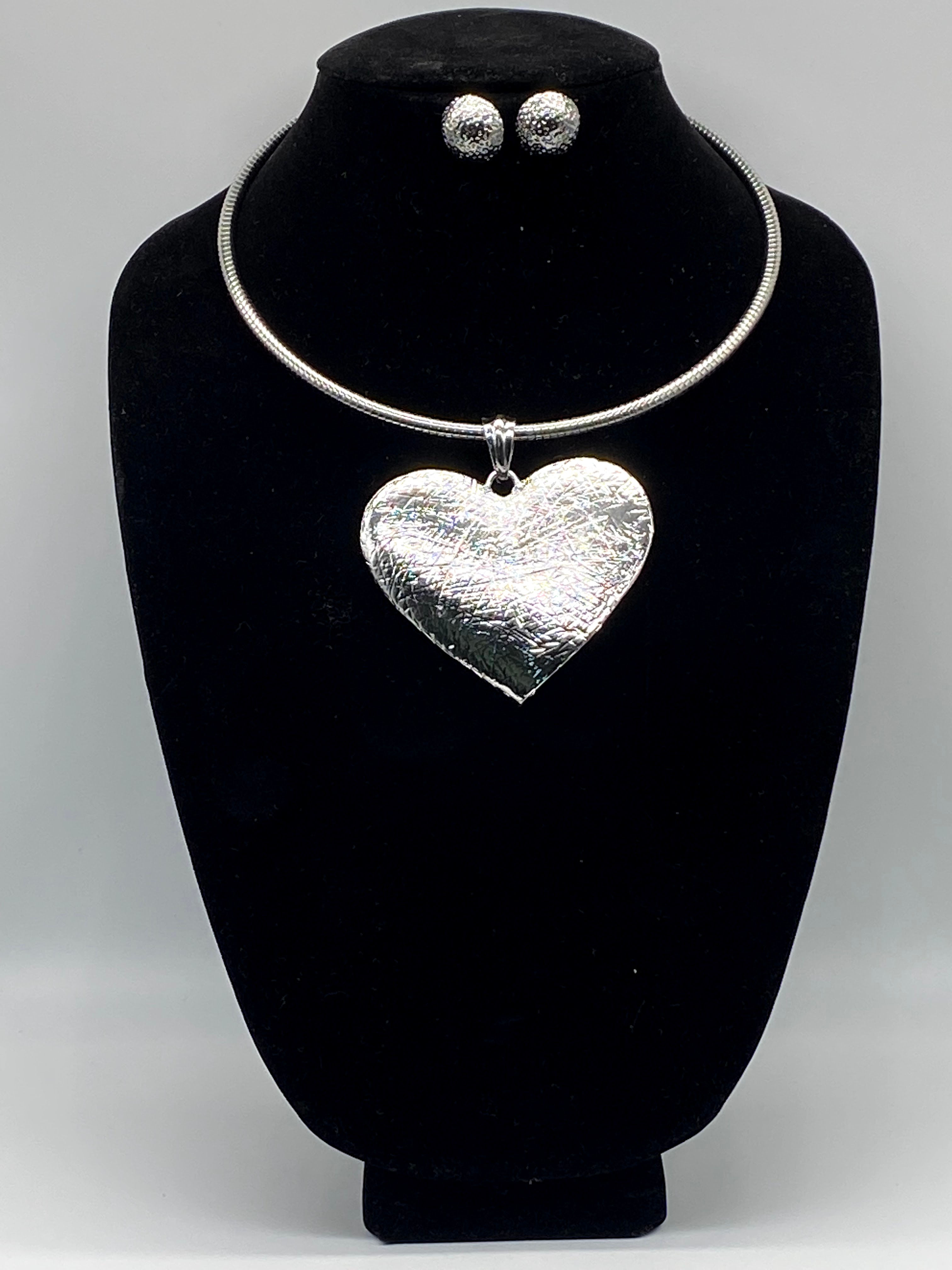 Silver Heart Statement Necklace Set