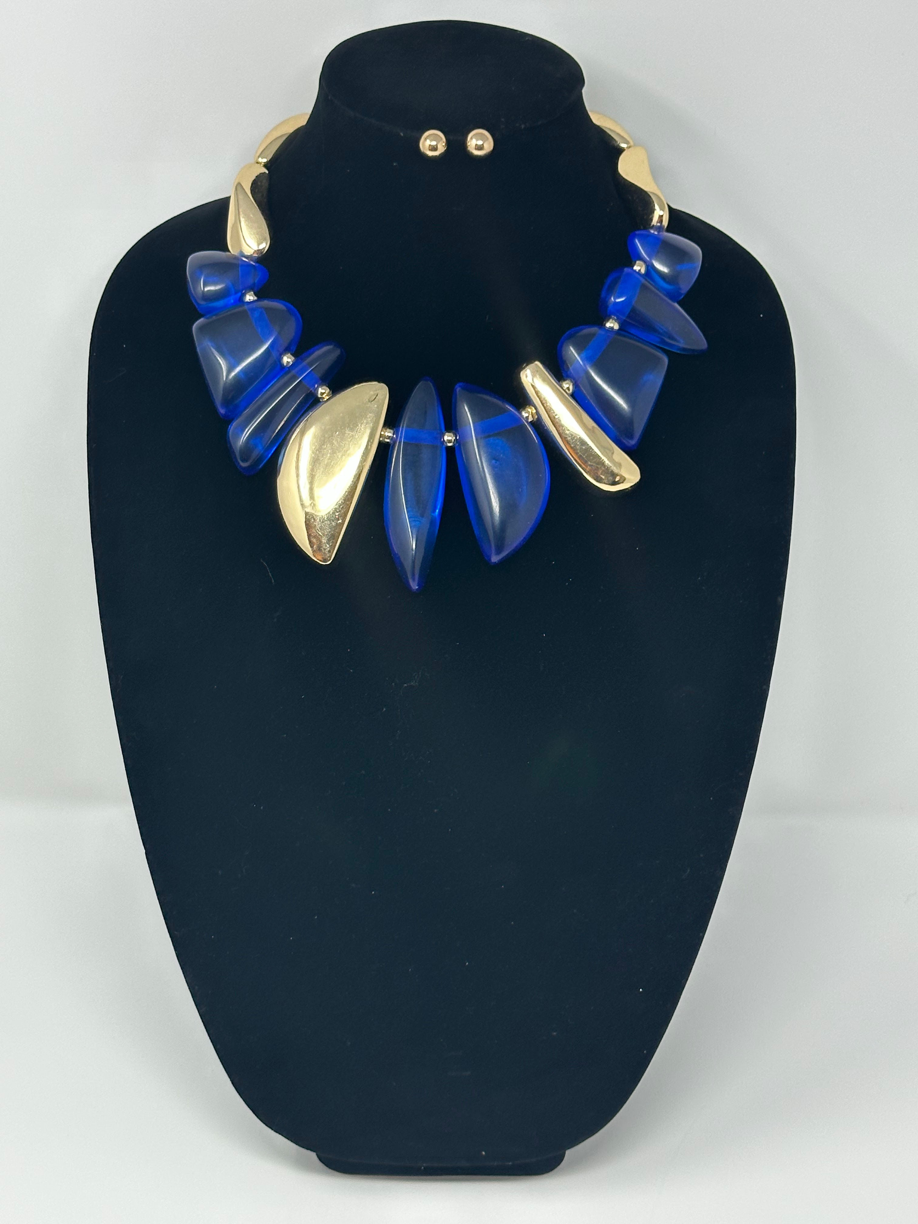 Royal Blue and Gold Geometric Statement Necklace Set