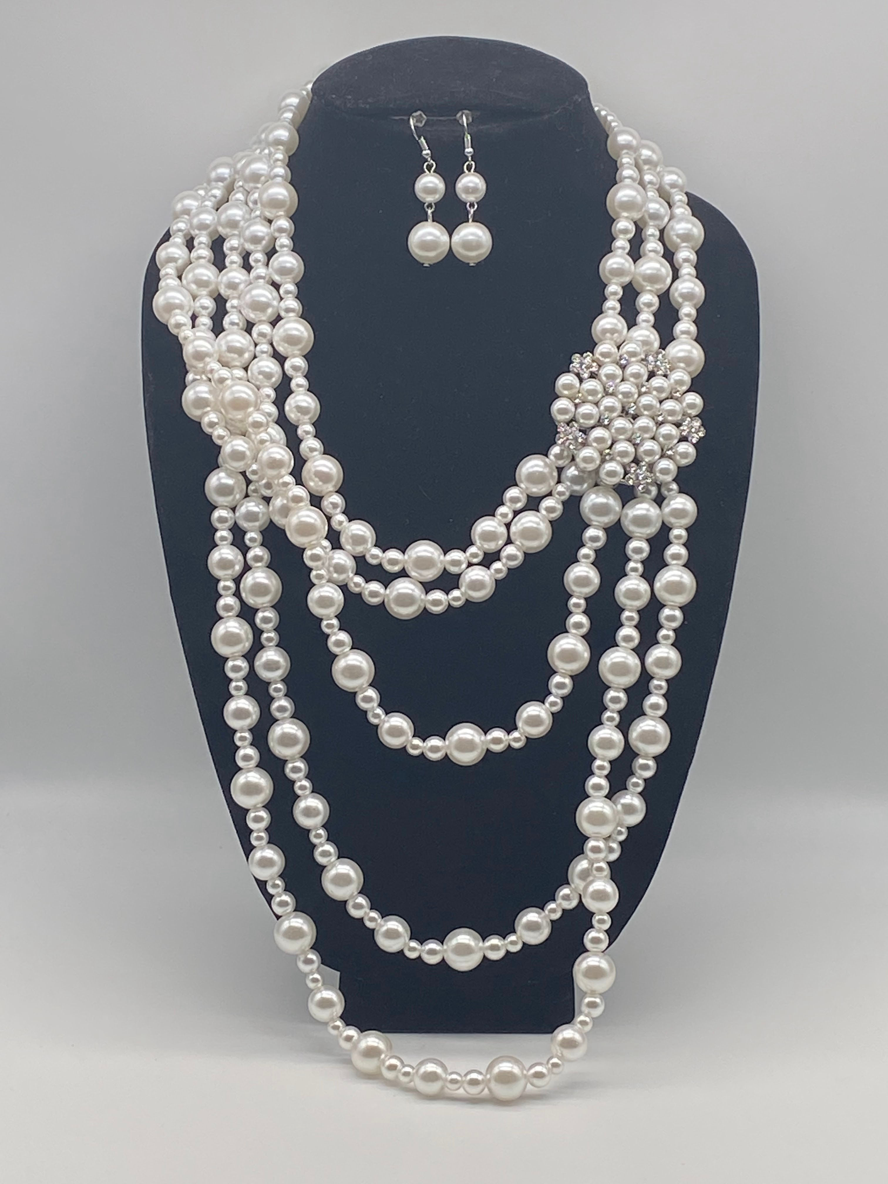 Multi Layer Pearl Necklace Set with Pearl and Clear Stone Pendant