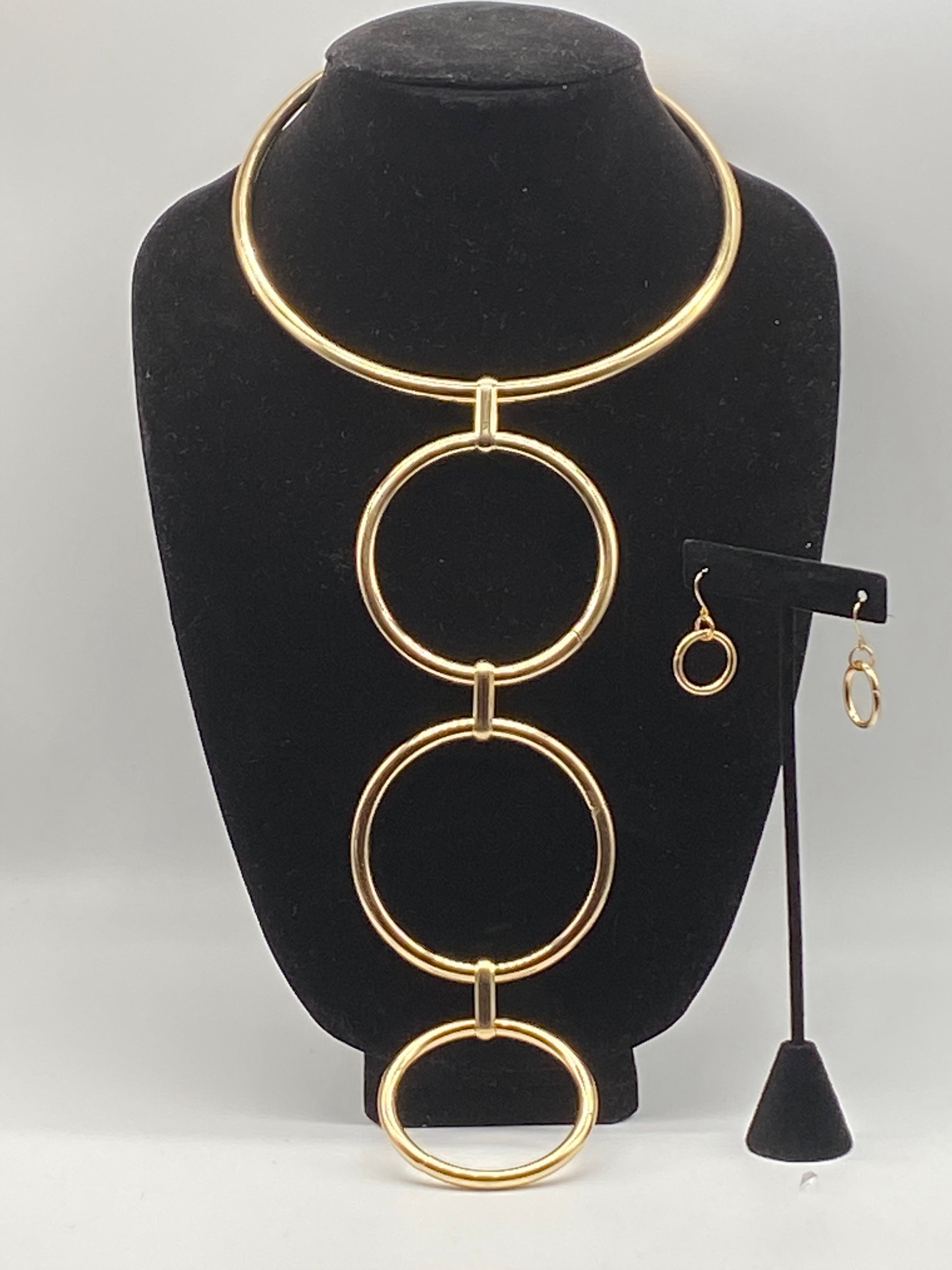 Gold Metal Drop Circle Statement Necklace Set