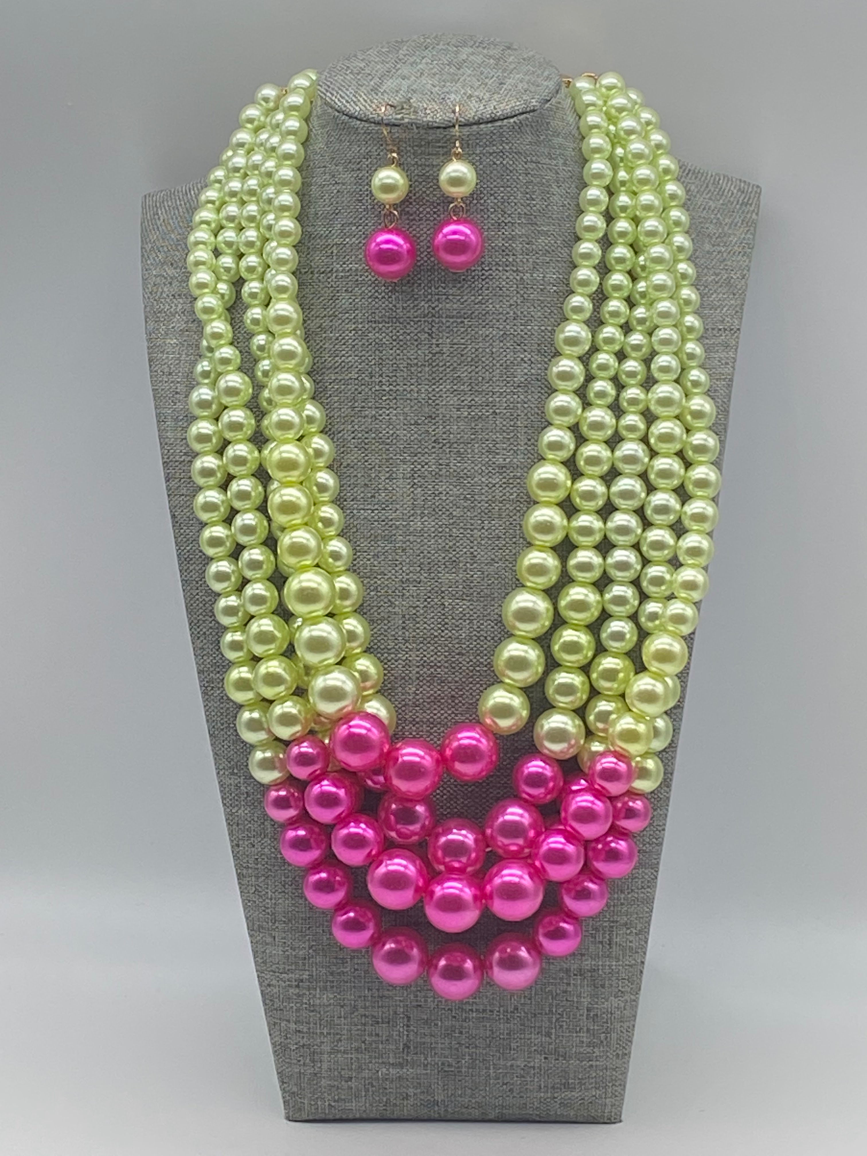Five Layer Pink and Green Pearl Necklace Set