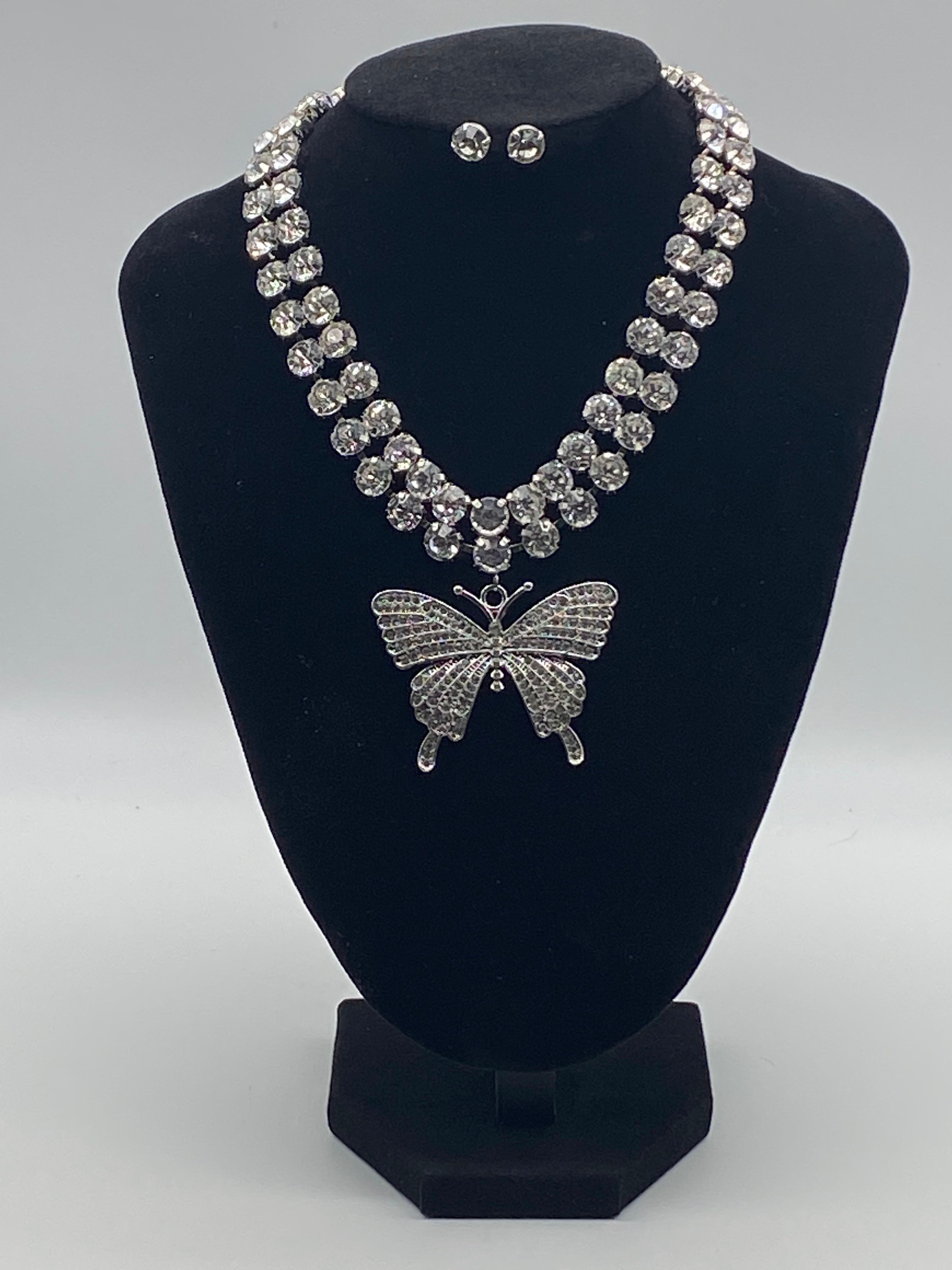 Silver Butterfly Statement Necklace with Clear Stones