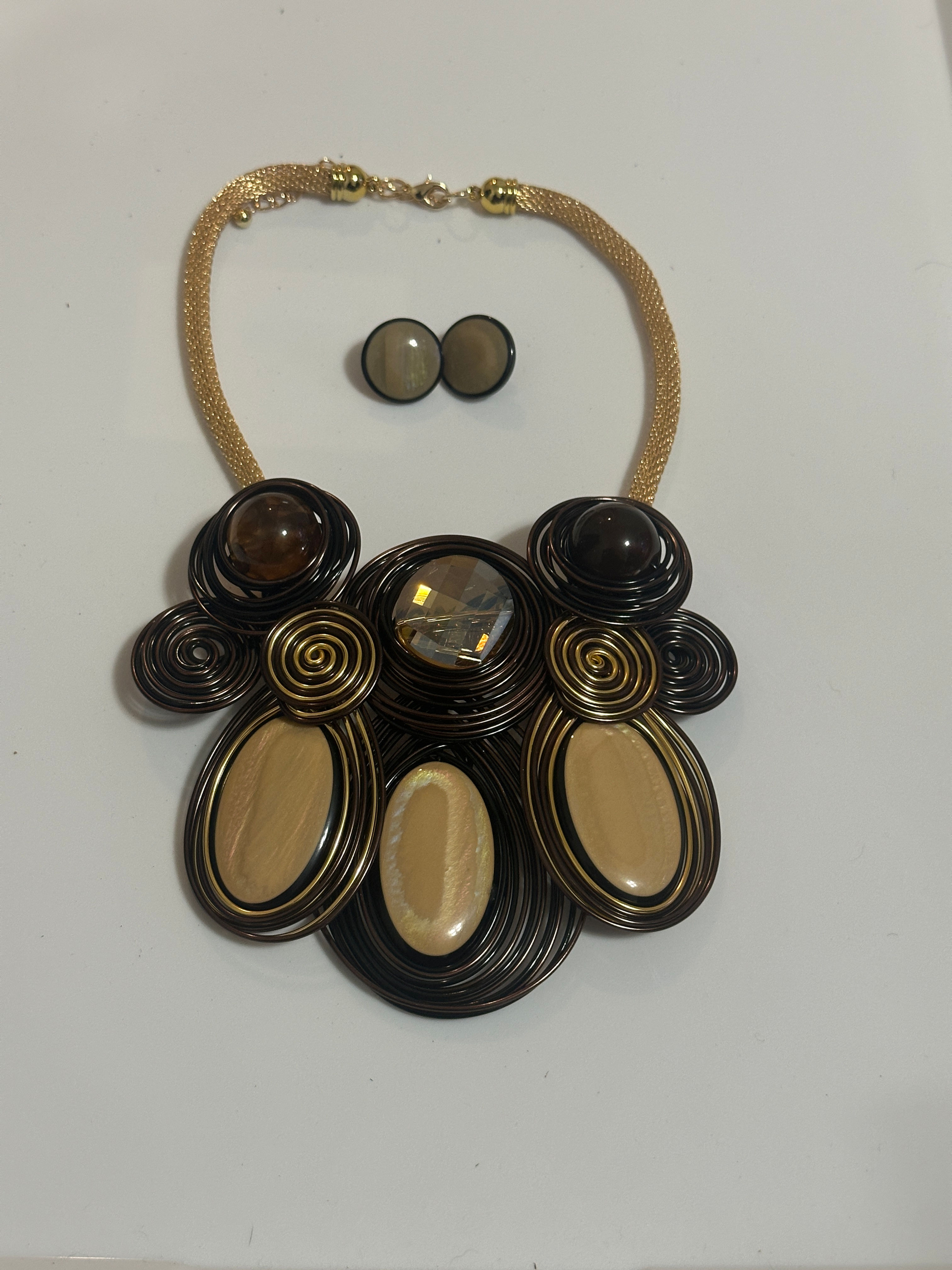 Brown Multi Layer Statement Necklace Set