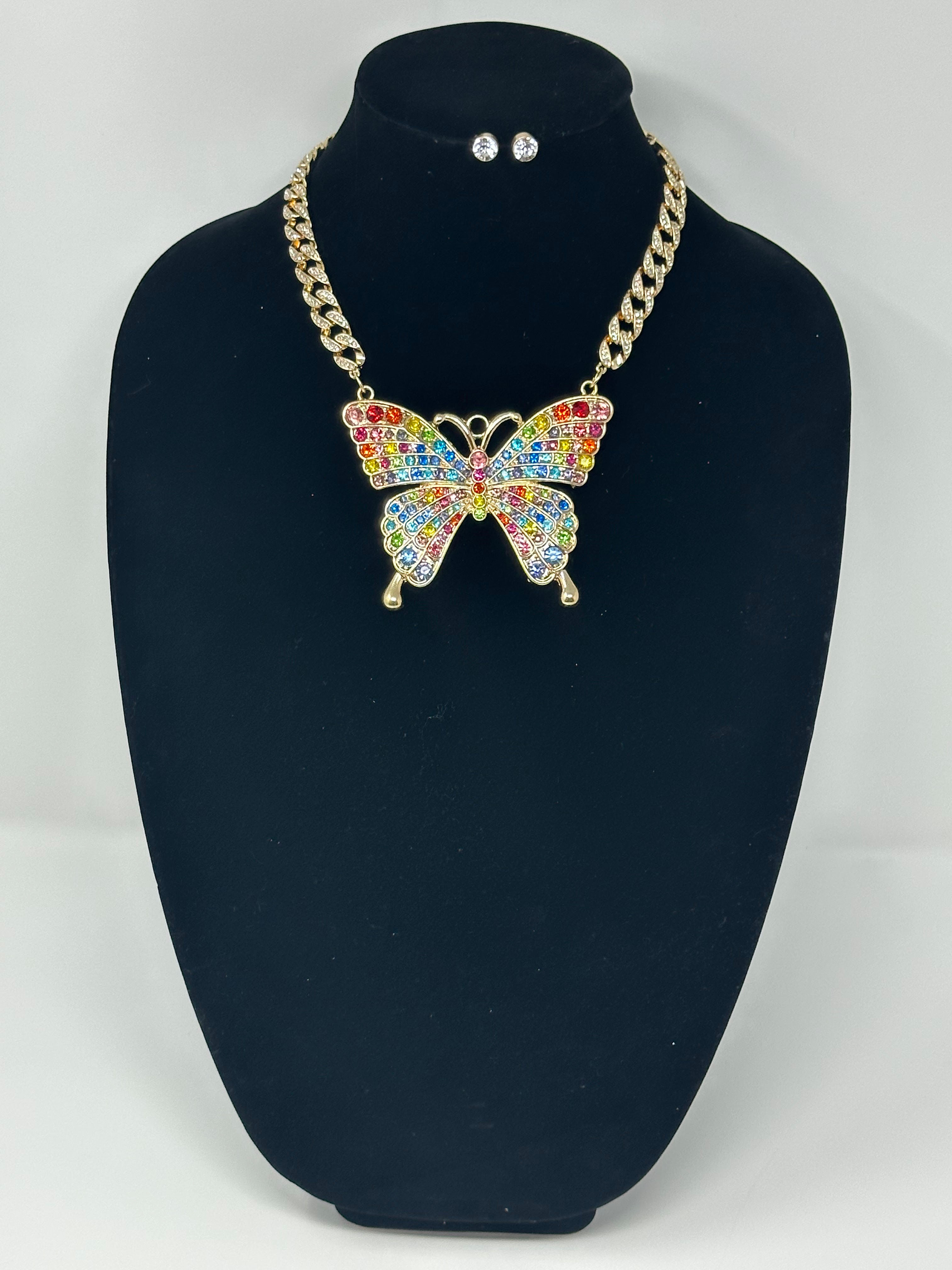 Multi Color Stone Butterfly Statement Necklace Set