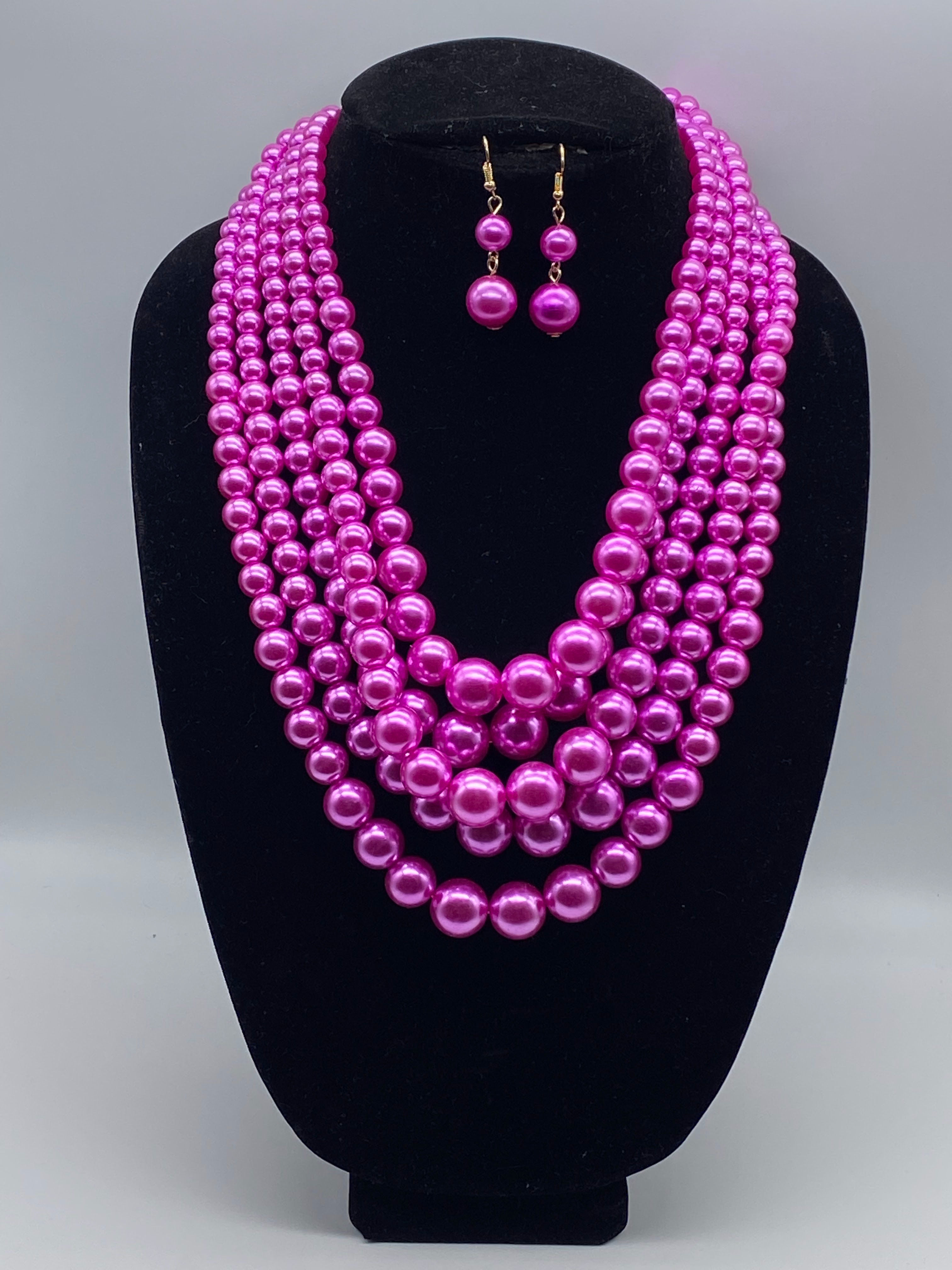 Neon Pink Five Layer Pear Necklace Set