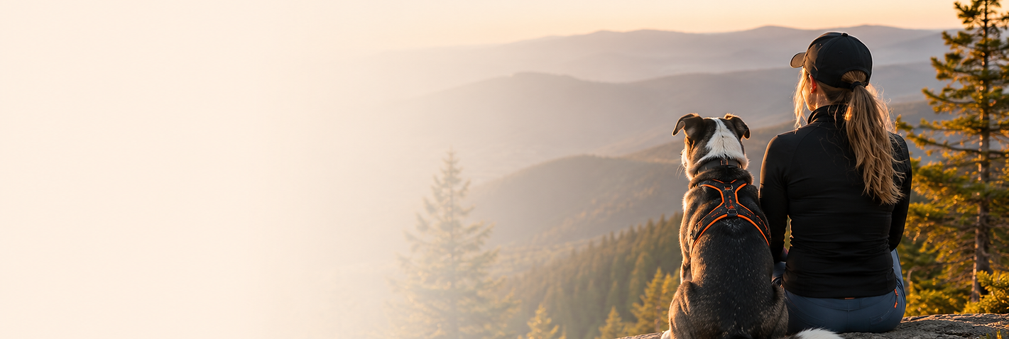 Une femme et son chien regarde à l'horizon au sommet s'une montagne.